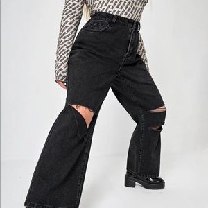 Plus high waist ripped detail wide leg jeans